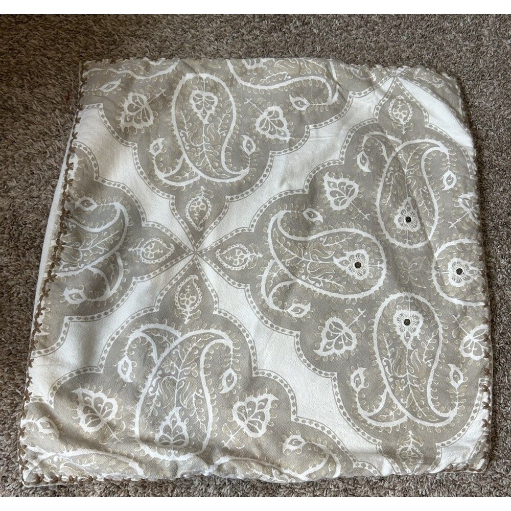 POTTERY BARN Paisley Medallion Pillow Cover Tan Golden Wheat Cotton Button 24”